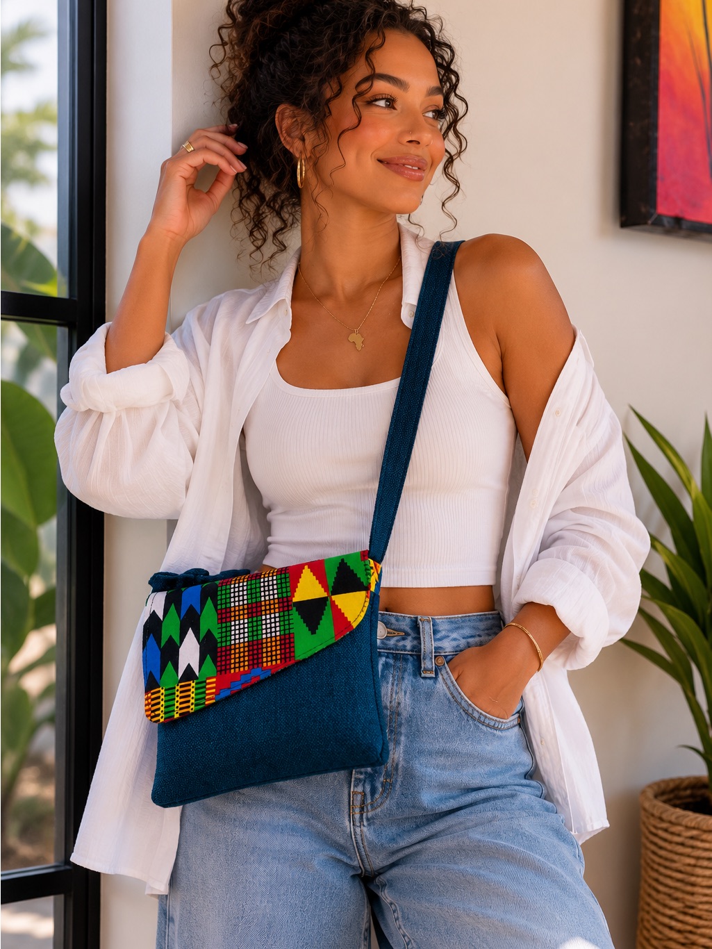 Handwoven Multicolor Geometric Canvas Crossbody Bag - Blue